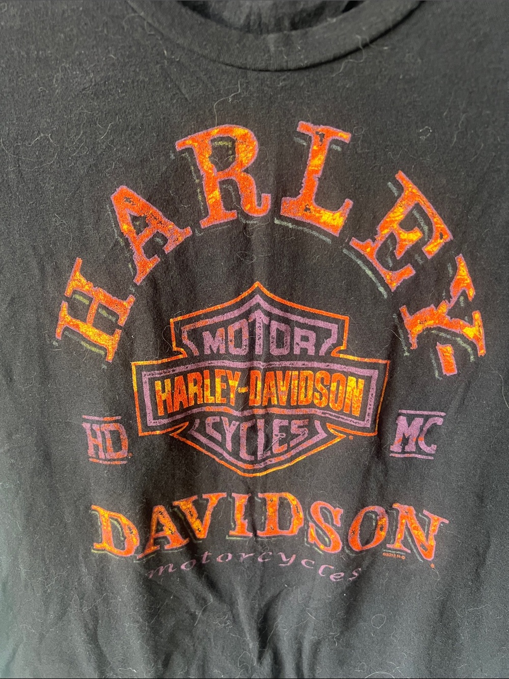 Harley-Davidson Black Tee with Orange and Purple Shield Graphic